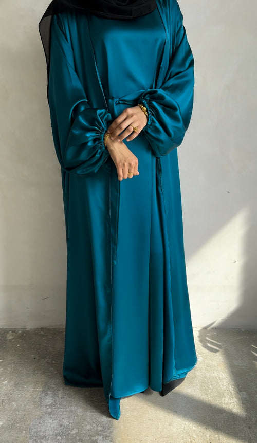 Teal Satin balloon-sleeve open abayah