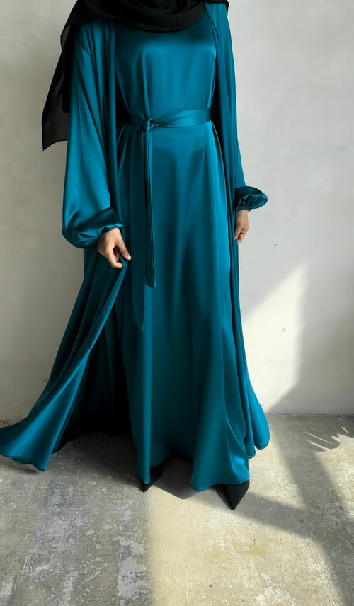 Teal Satin balloon-sleeve open abayah